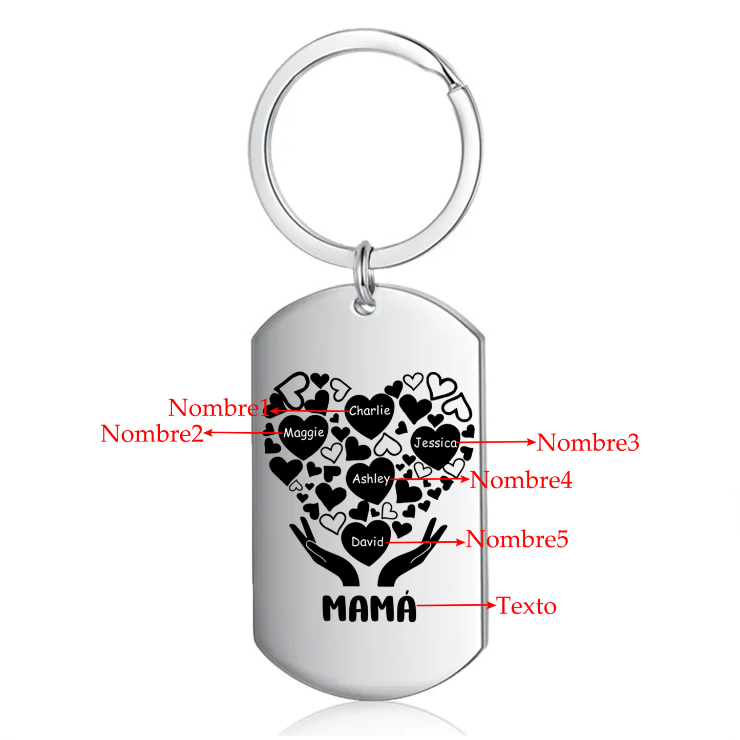 A mi mamá/abuela-Llavero 1-7 Nombres Personalizados con Texto CORAZONES Y MANOS