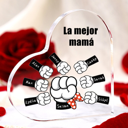A mi mamá/abuela-Placa de acrílico "Puños" en forma de corazón 8 nombres y 1 texto personalizados-Jessemade ES