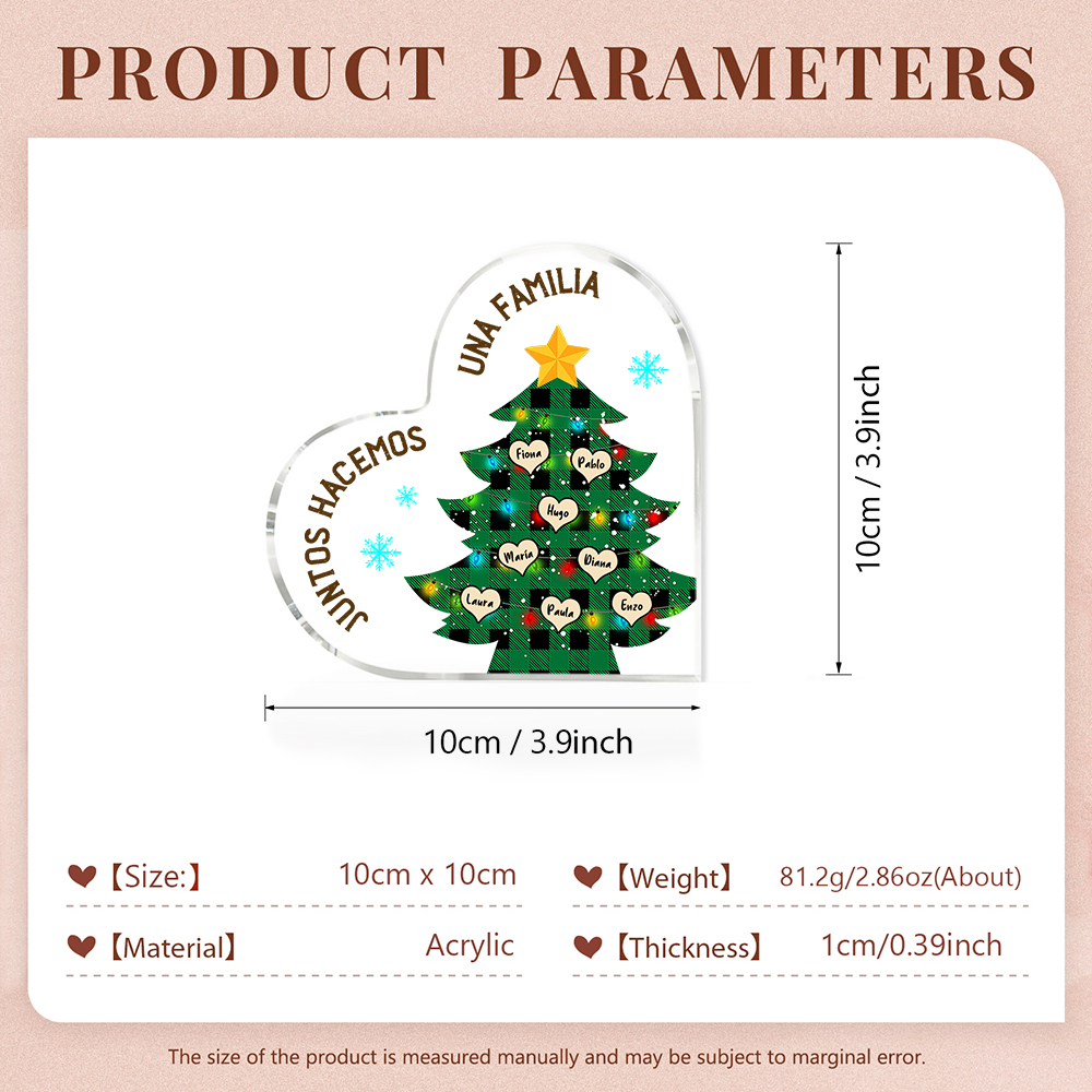 Navidad - Placa de acrílico en forma de corazón árbol con luces con 8 nombres personalizados-Jessemade ES