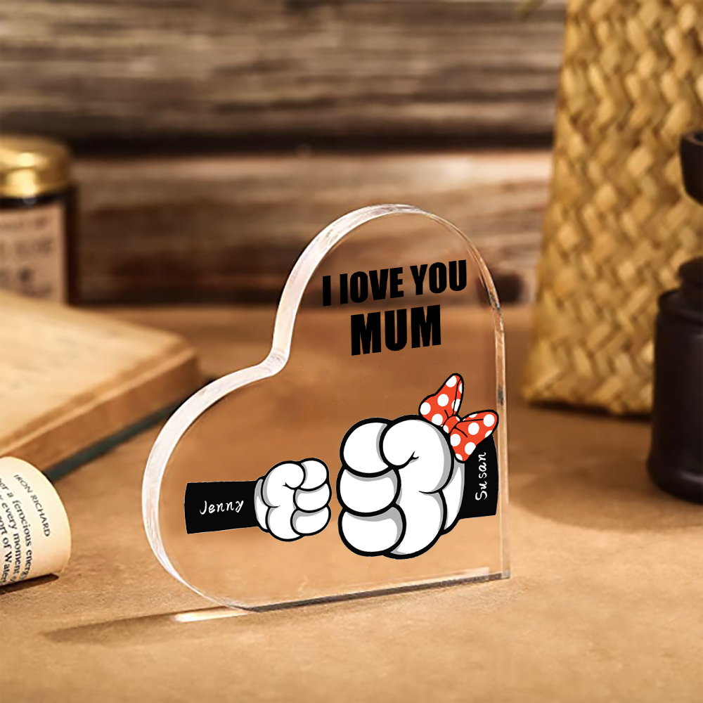 A mi mamá/abuela-Placa de acrílico "Puños" en forma de corazón 2 nombres y 1 texto personalizados-Jessemade ES