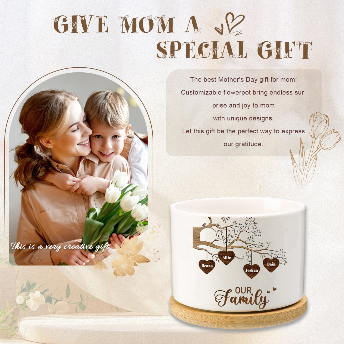 Florero con base de cerámica árbol de corazones 2-8 nombres personalizados con texto decoración del hogar-Jessemade ES