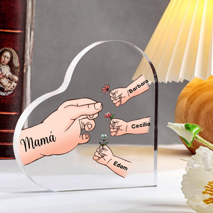 A mi mamá/abuela-Placa de acrílico en forma de corazón mano y manitos 1-8 nombres y 1 texto personalizados-Jessemade ES