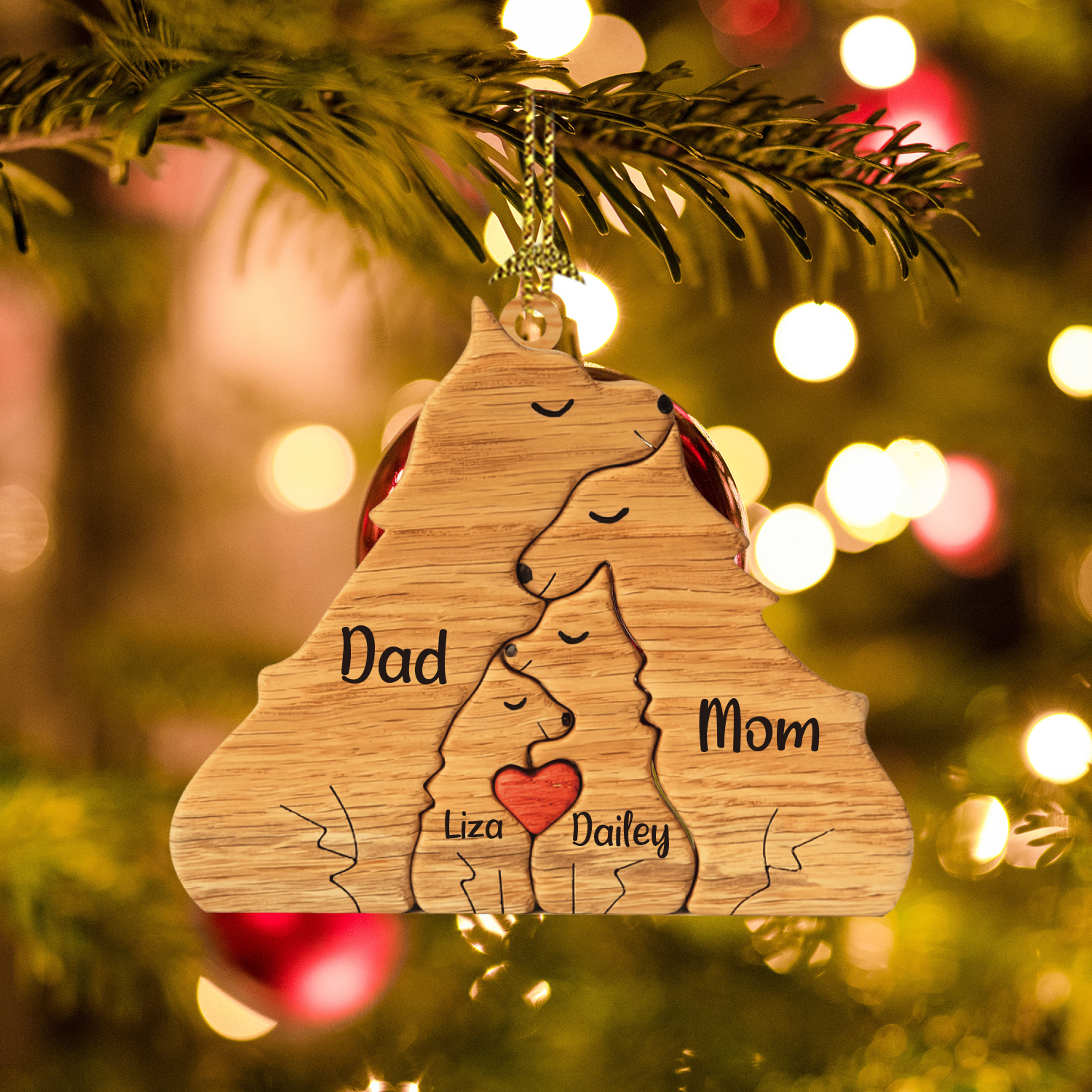 Navidad-Ornamento muñecos navideño de madera familia de zorros 4 nombres personalizados adorno del árbol-Jessemade ES