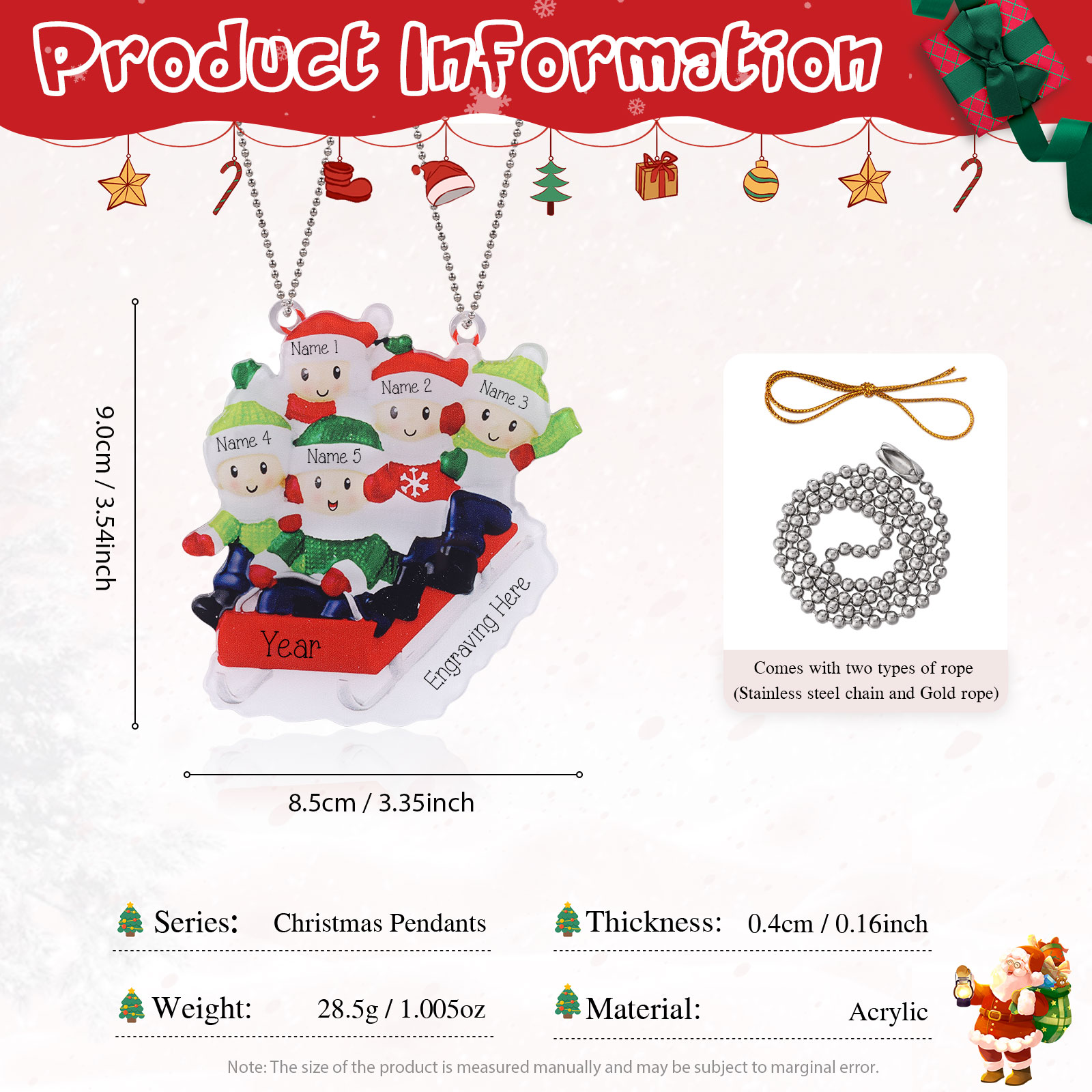 Navidad-Ornamentos Navideños de Acrílico Carro de Esquí 5 Nombres con Texto y Año Personalizados