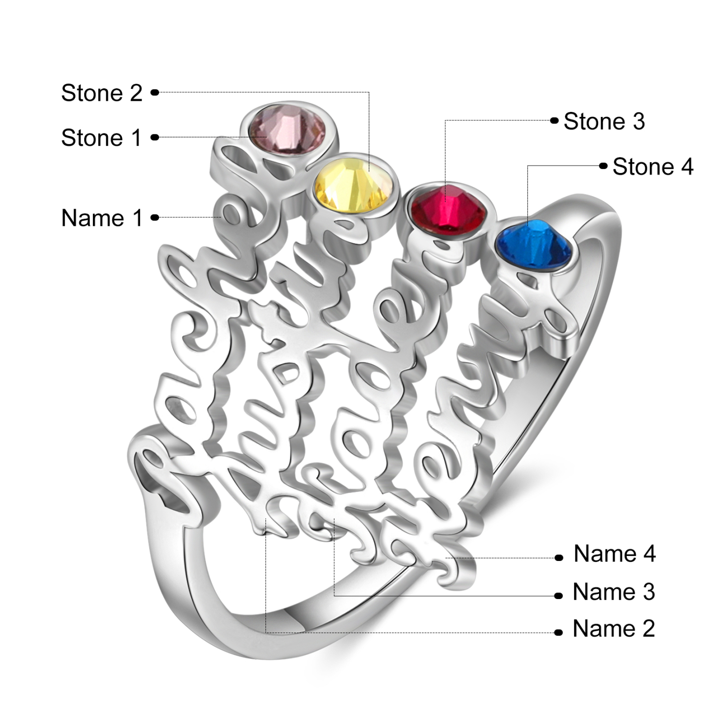 Anillo personalizado de 4 nombres y 4 piedras de nacimiento anillo familia-Jessemade ES