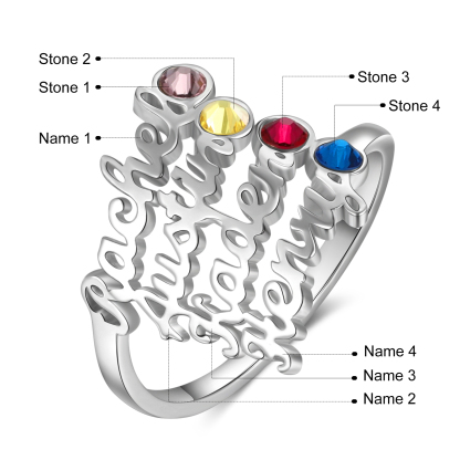 Anillo personalizado de 4 nombres y 4 piedras de nacimiento anillo familia-Jessemade ES