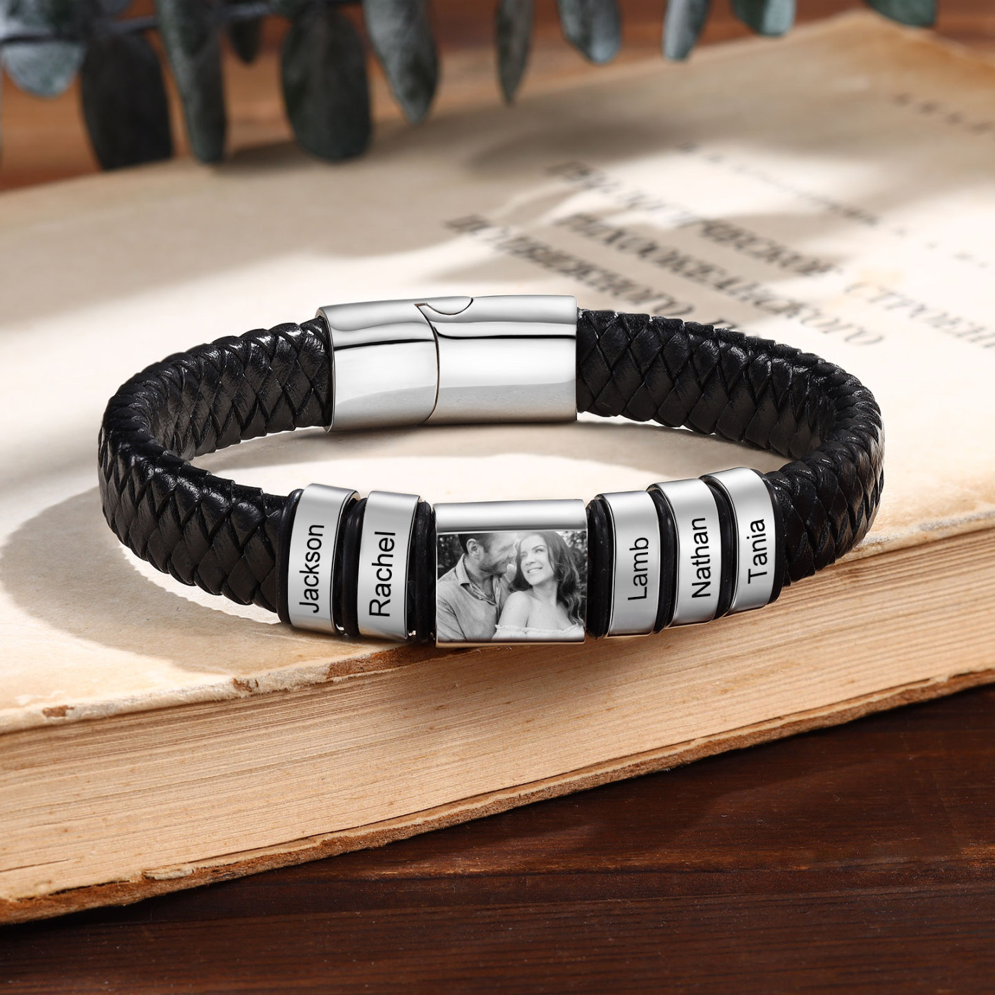 Pulsera de Cueros Trenzados Aros Personalizados de 2-5 Nombres y Placa de Foto-Jessemade ES