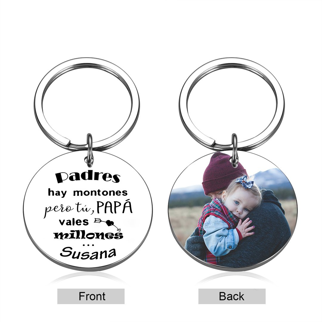 A mi papá-Llavero de placa redonda "papá, vales millones" personalizado con 1 nombre y 1 foto-Jessemade ES
