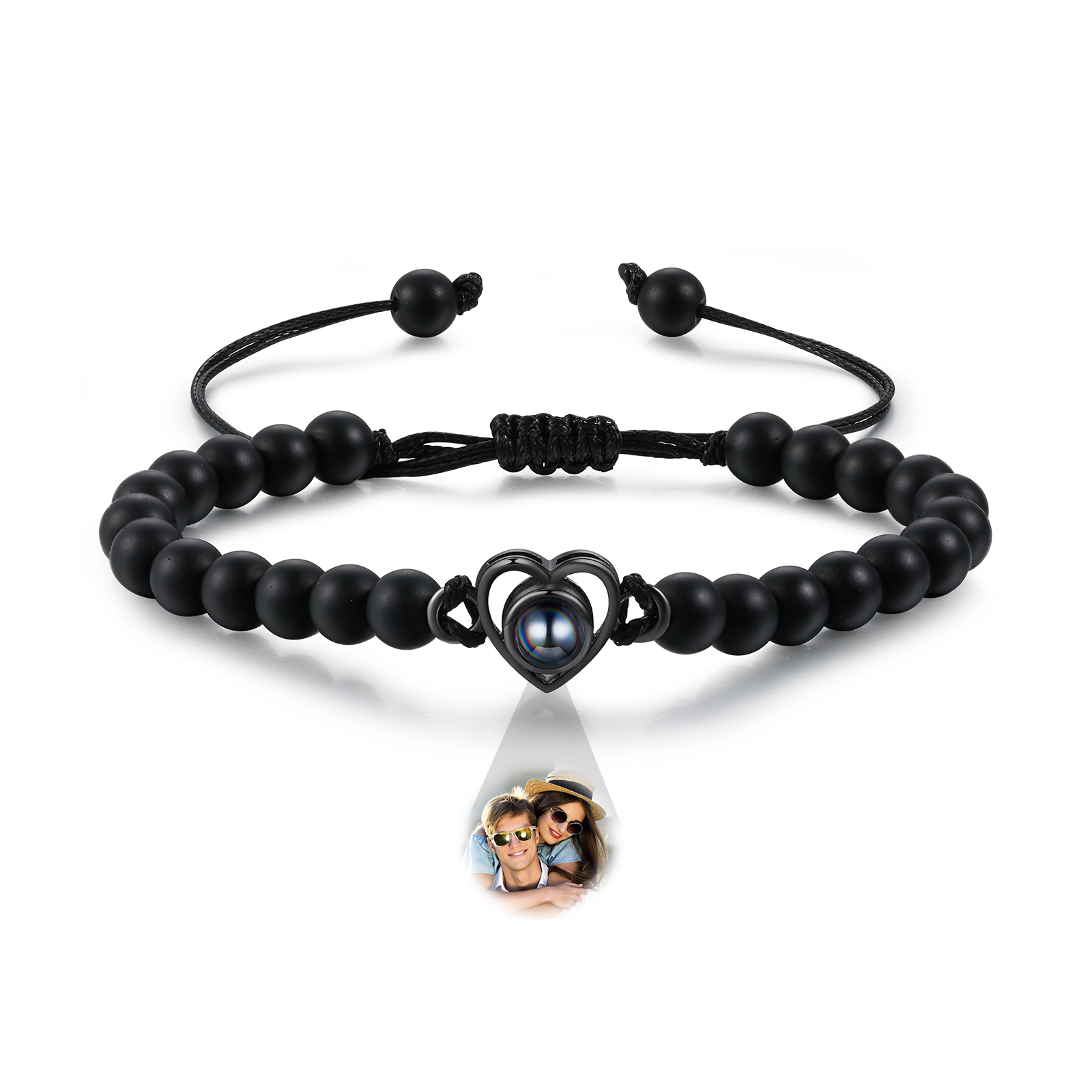 Pulsera de turquesa negra sintética con proyección de foto en color con dije de corazón pulsera ajustable-Jessemade ES