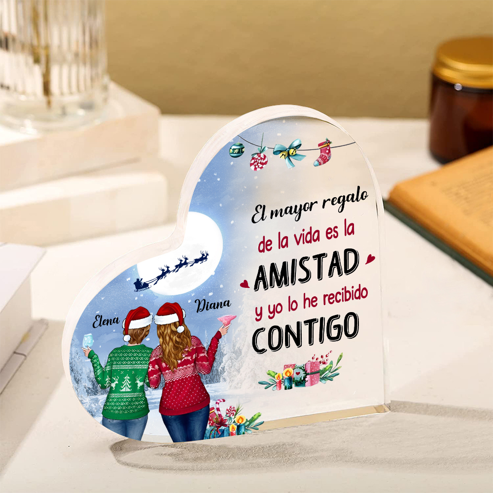 Navidad-Placa de acrílico en forma de corazón para amiga con 2 nombres personalizados-Jessemade ES