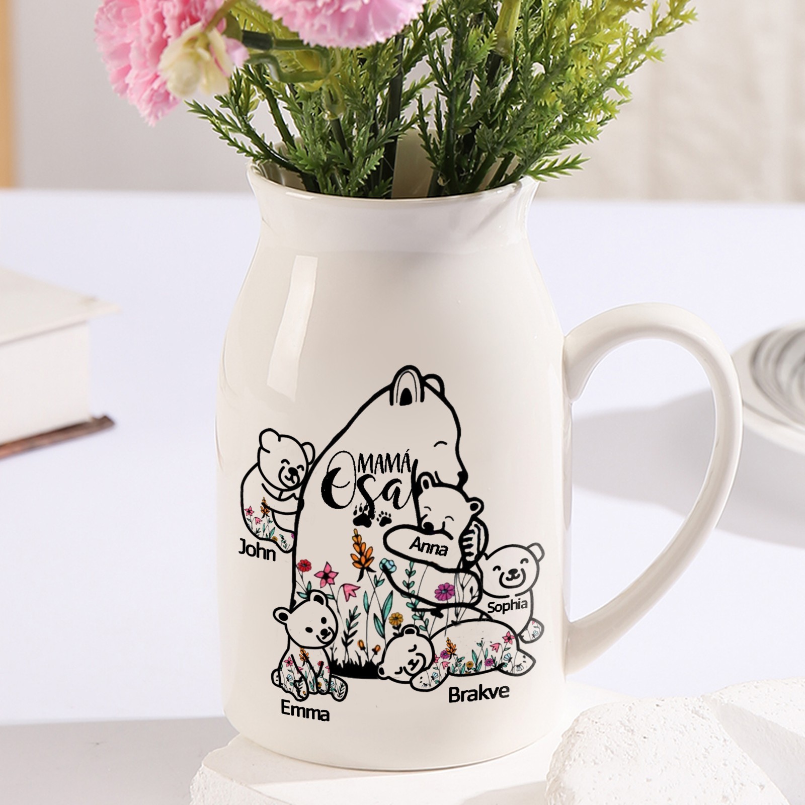 Florero de cerámica mamaosa y sus bebés 2-8 nombres personalizados con texto decoración del hogar-Jessemade ES