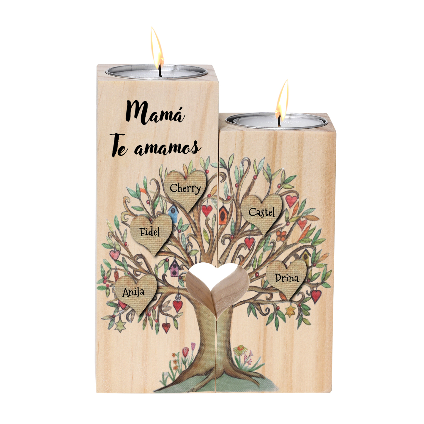 A la familia-Candelero de árbol de la vida de madera personalizado con 3-8 nombres y 1 texto sin vela-Jessemade ES