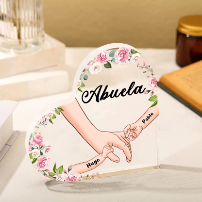 A mi mamá/abuela-Placa de acrílico en forma de corazón mano a mano con 1 texto y 2 nombres personalizados | Jessemade