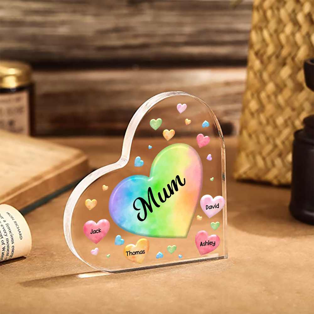 A mi mamá/abuela-Placa de acrílico "Corazones" en forma de corazón 4 nombres y 1 texto personalizados-Jessemade ES
