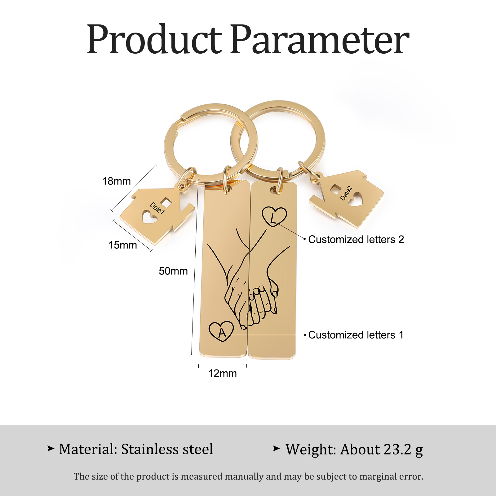 Llavero para pareja mano a mano 2 letras personalizadas con fecha-Jessemade ES