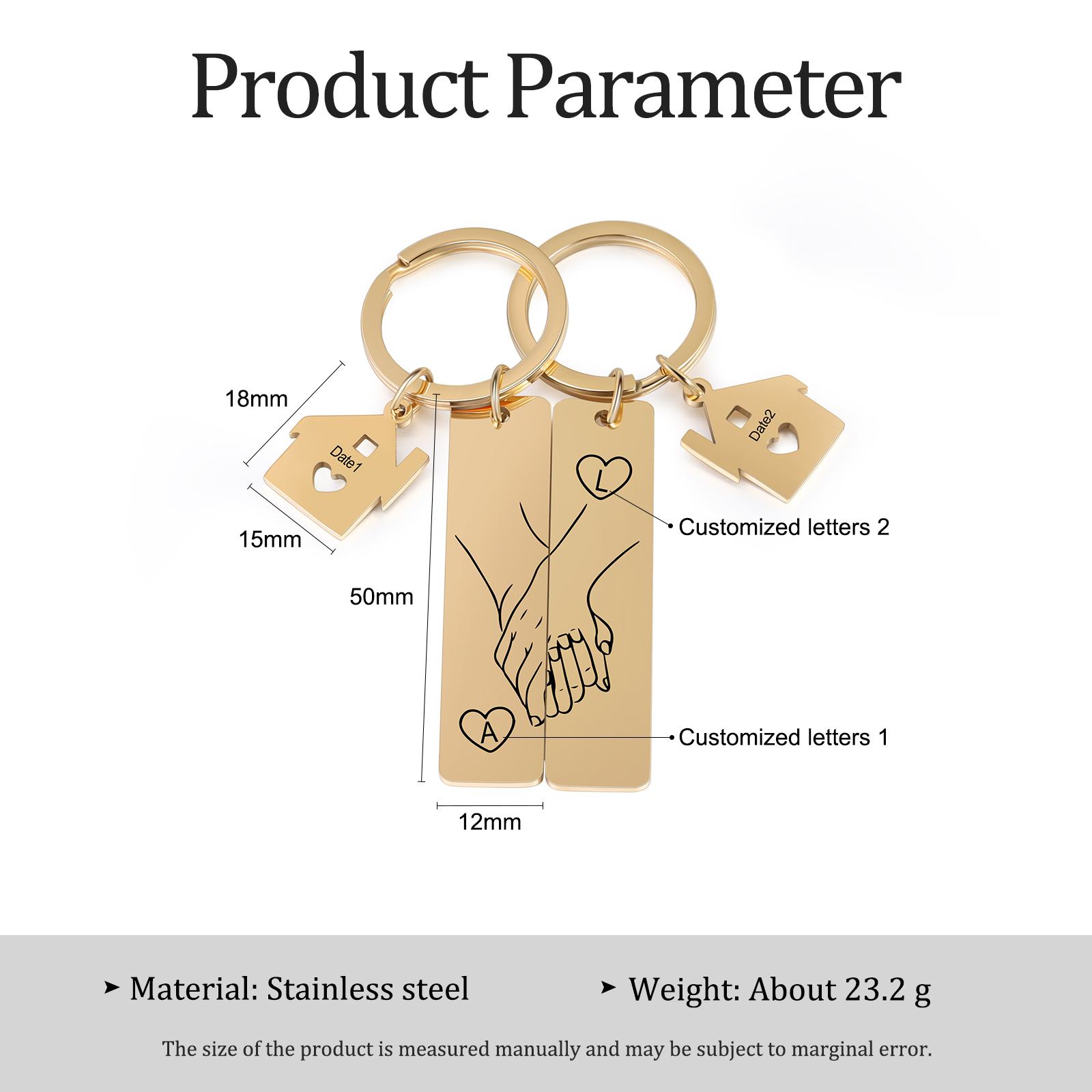 Llavero para pareja mano a mano 2 letras personalizadas con fecha-Jessemade ES