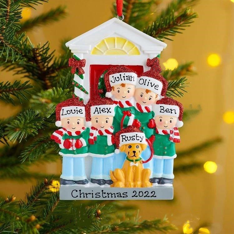 Navidad-Ornamento Navideño con muñecos familia y perrito con 3 nombres personalizados adorno de árbol