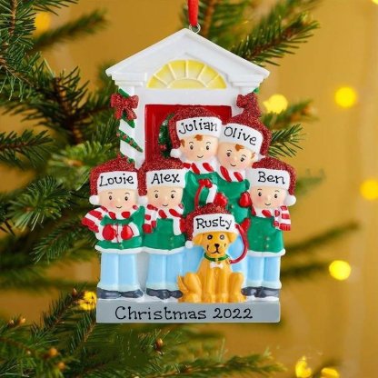 Navidad-Ornamento Navideño con muñecos familia y perrito con 3 nombres personalizados adorno de árbol