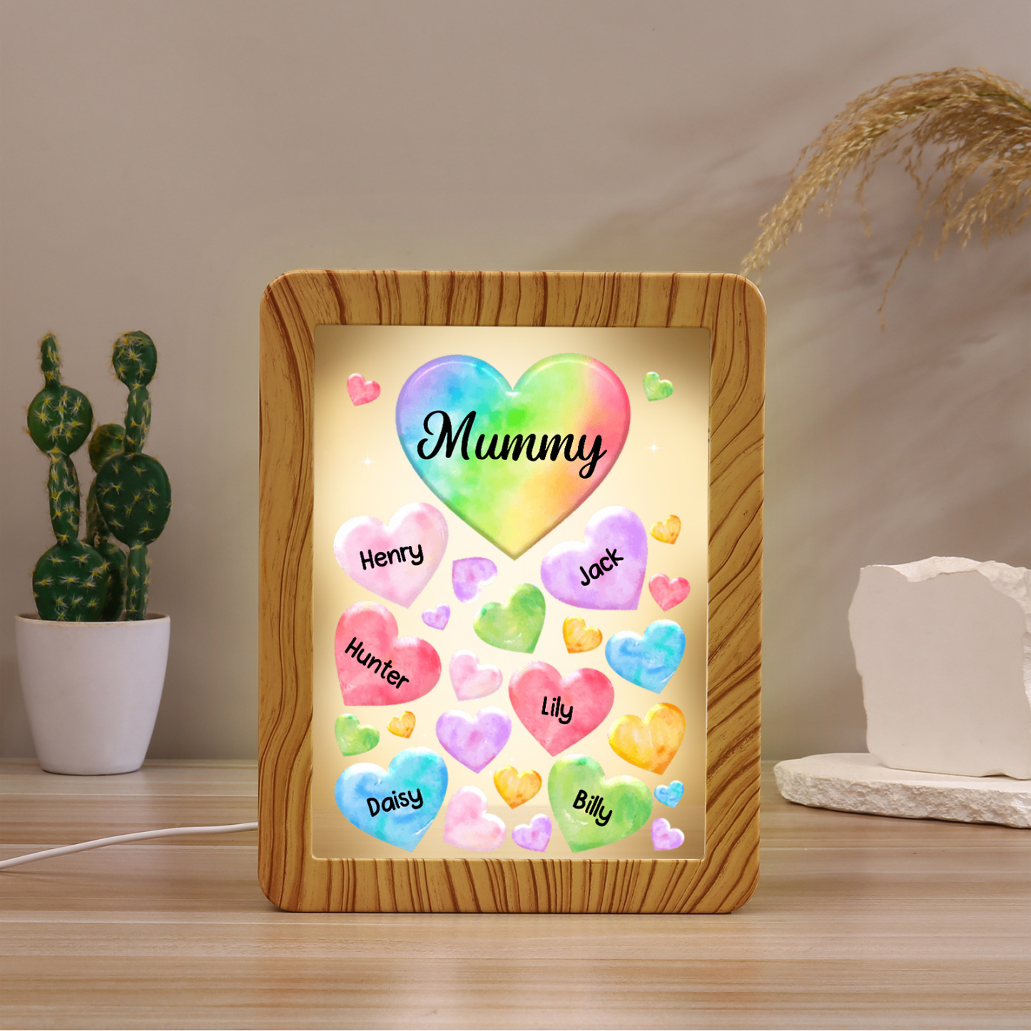 Marco/Espejo con LED Multifuncional Corazones 1-7 Nombres Personalizados con 1 Texto-Jessemade ES