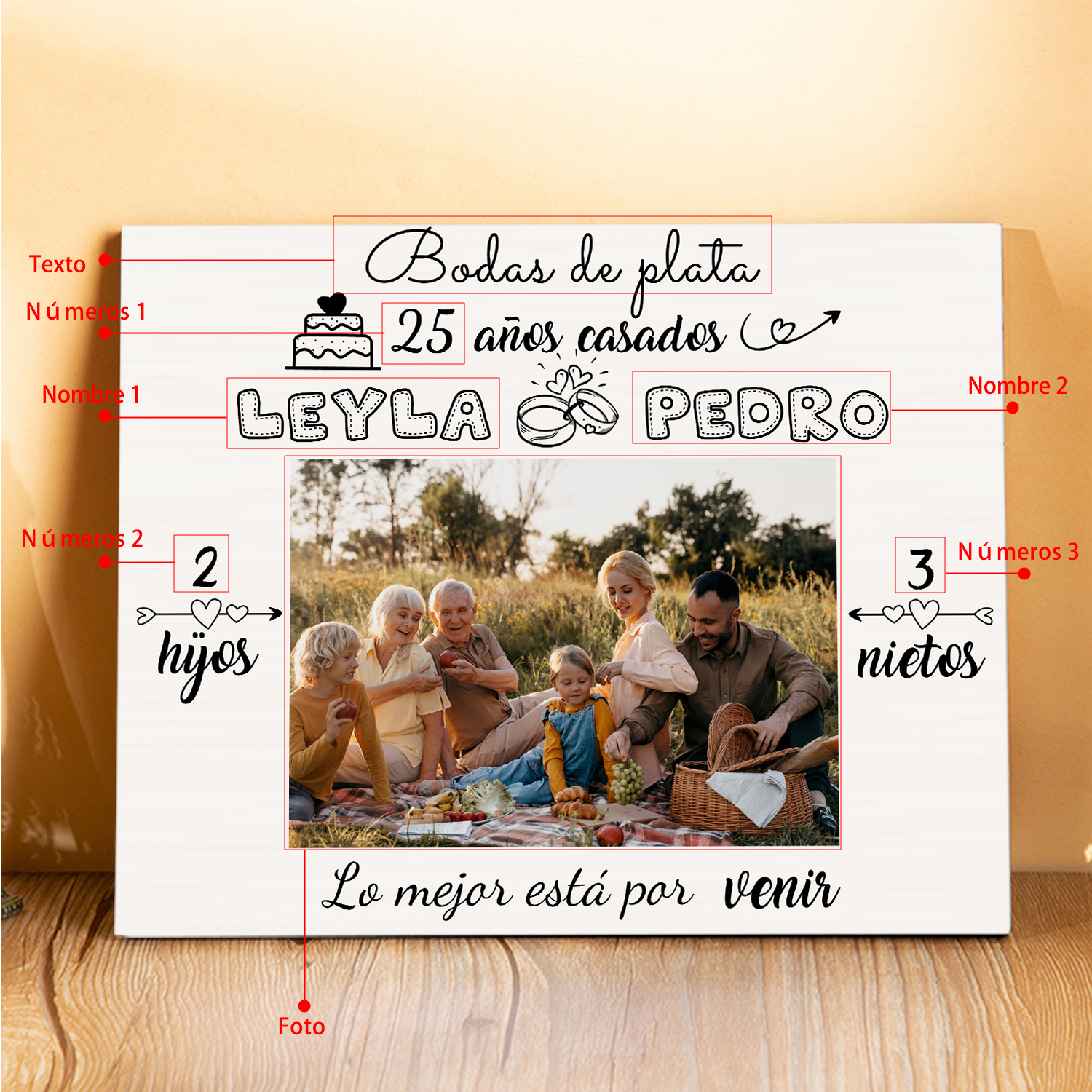 Lámina marco de madera para aniversario de boda 1 texto, 2 nombres y 3 números personalizados con 1 foto-Jessemade ES