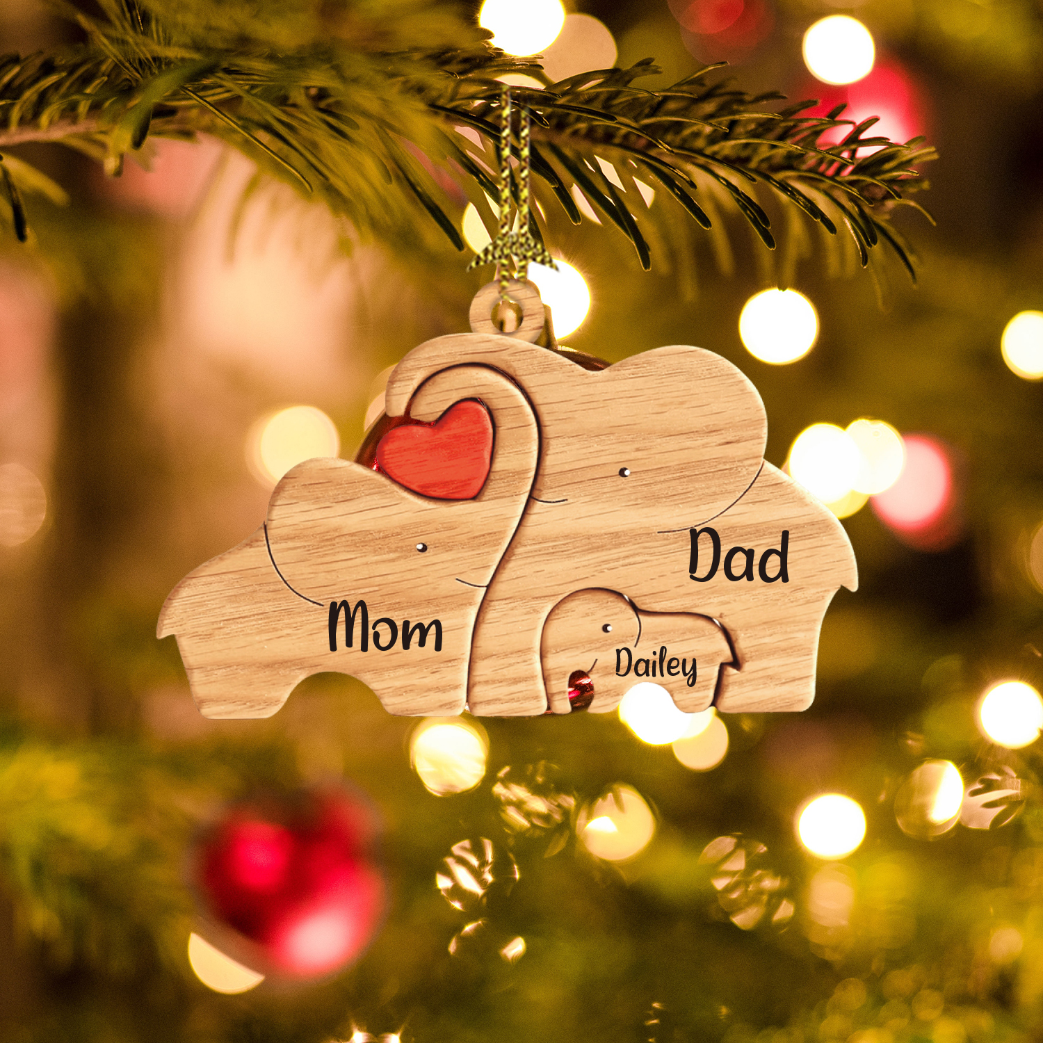 Navidad-Ornamento muñecos navideño de madera familia de elefantes 3 nombres personalizados adorno del árbol-Jessemade ES