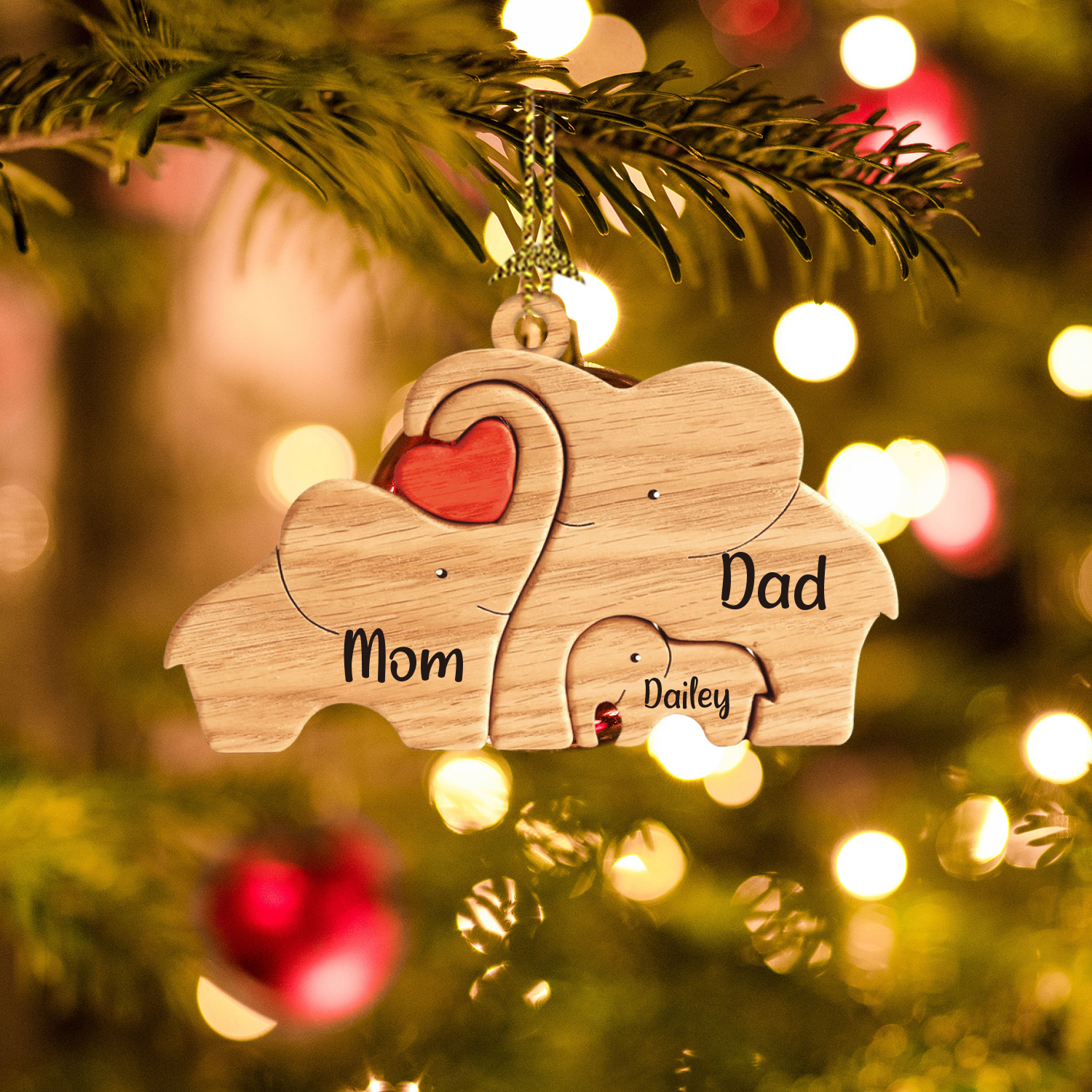 Navidad-Ornamento muñecos navideño de madera familia de elefantes 3 nombres personalizados adorno del árbol-Jessemade ES