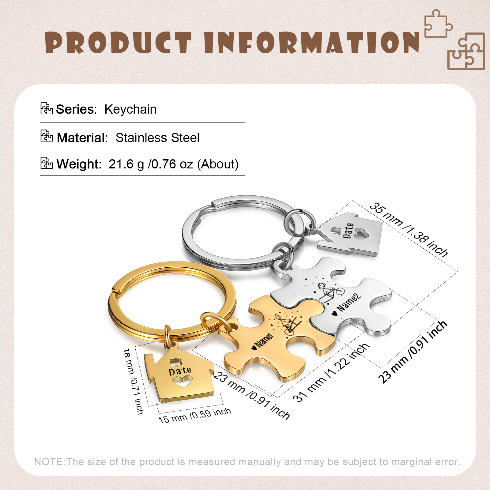 Llavero para pareja rompecabezas 2 nombres personalizados con fecha dije de casa-Jessemade ES