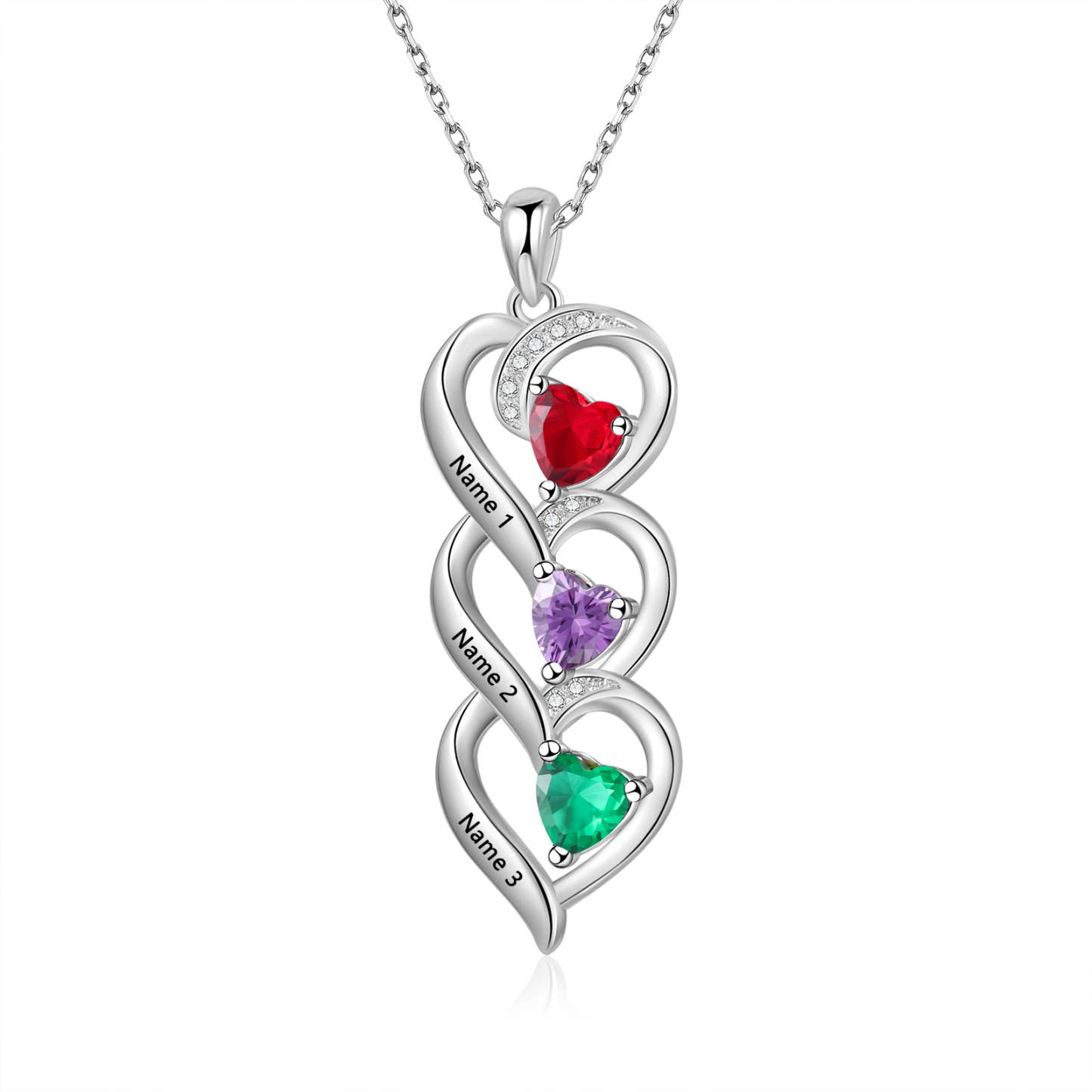 Collar de tres corazones con 3 nombres y piedras de nacimiento personalizados-Jessemade ES