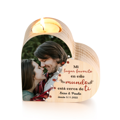 Candelero de madera para pareja con texto amoroso sin vela personalizado con nombres, fecha y foto-Jessemade ES