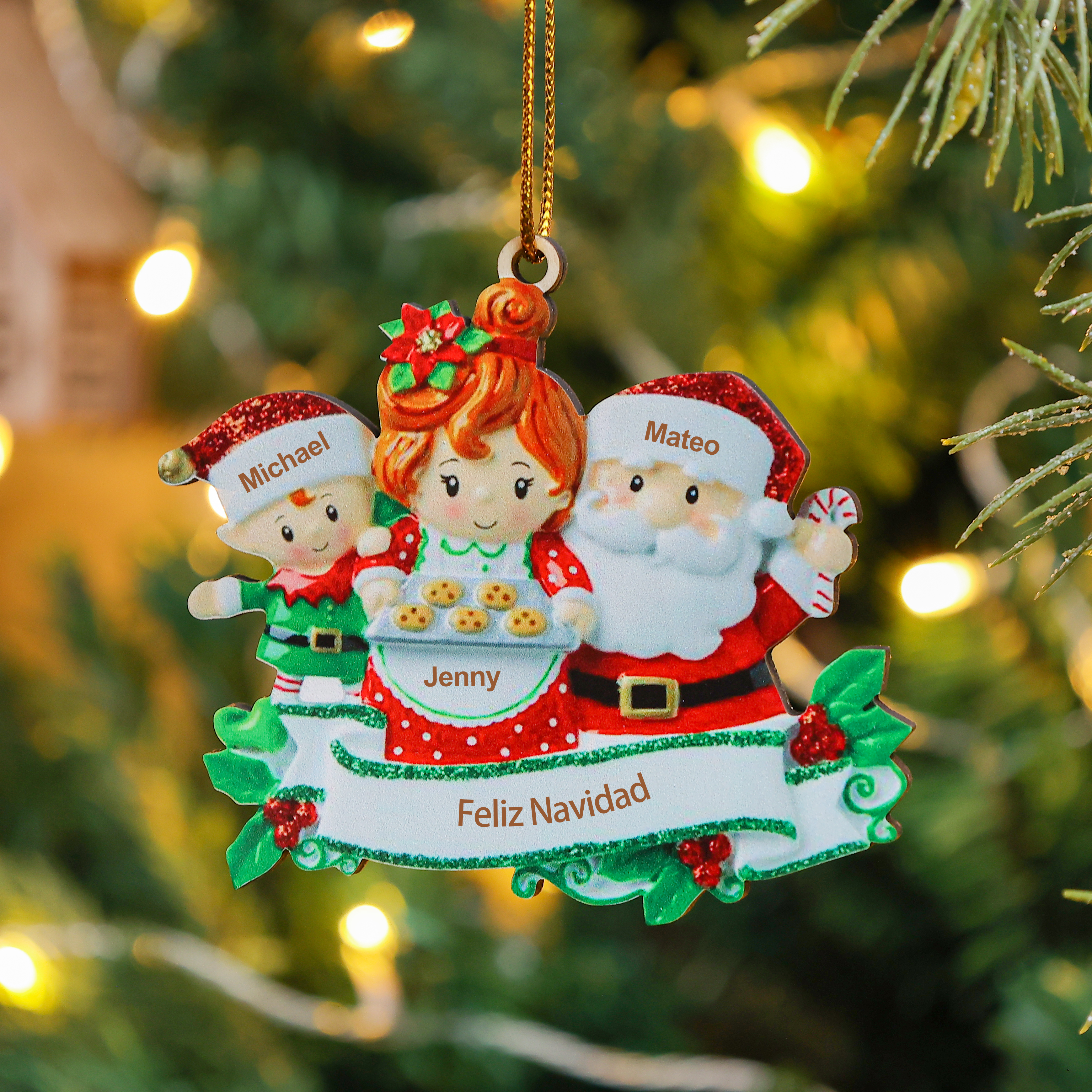 Navidad-Ornamentos Navideños de Madera Mamá y Papá Noel 3 Nombres Personalizados con Texto