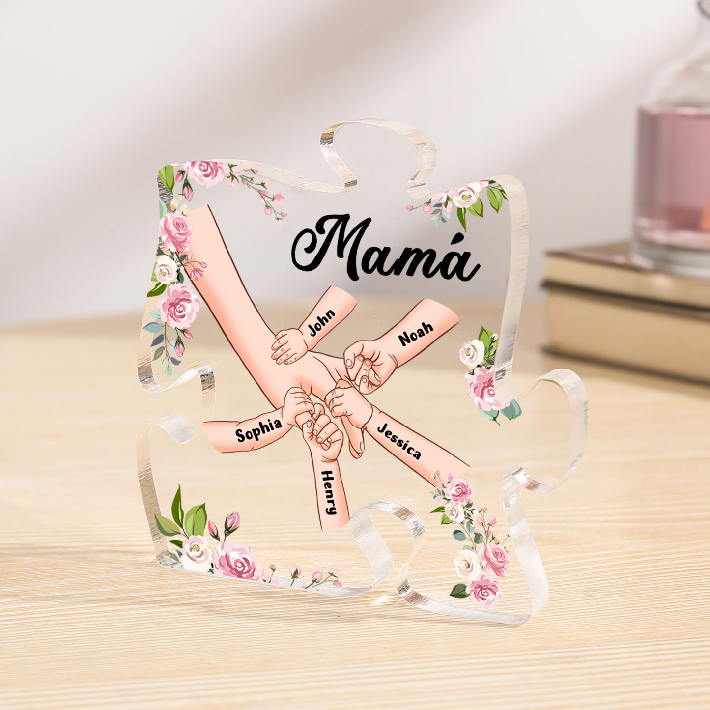 A mi mamá/abuela-Placa de acrílico en forma de corazón mano a mano con 1 texto y 5 nombres personalizados | Jessemade