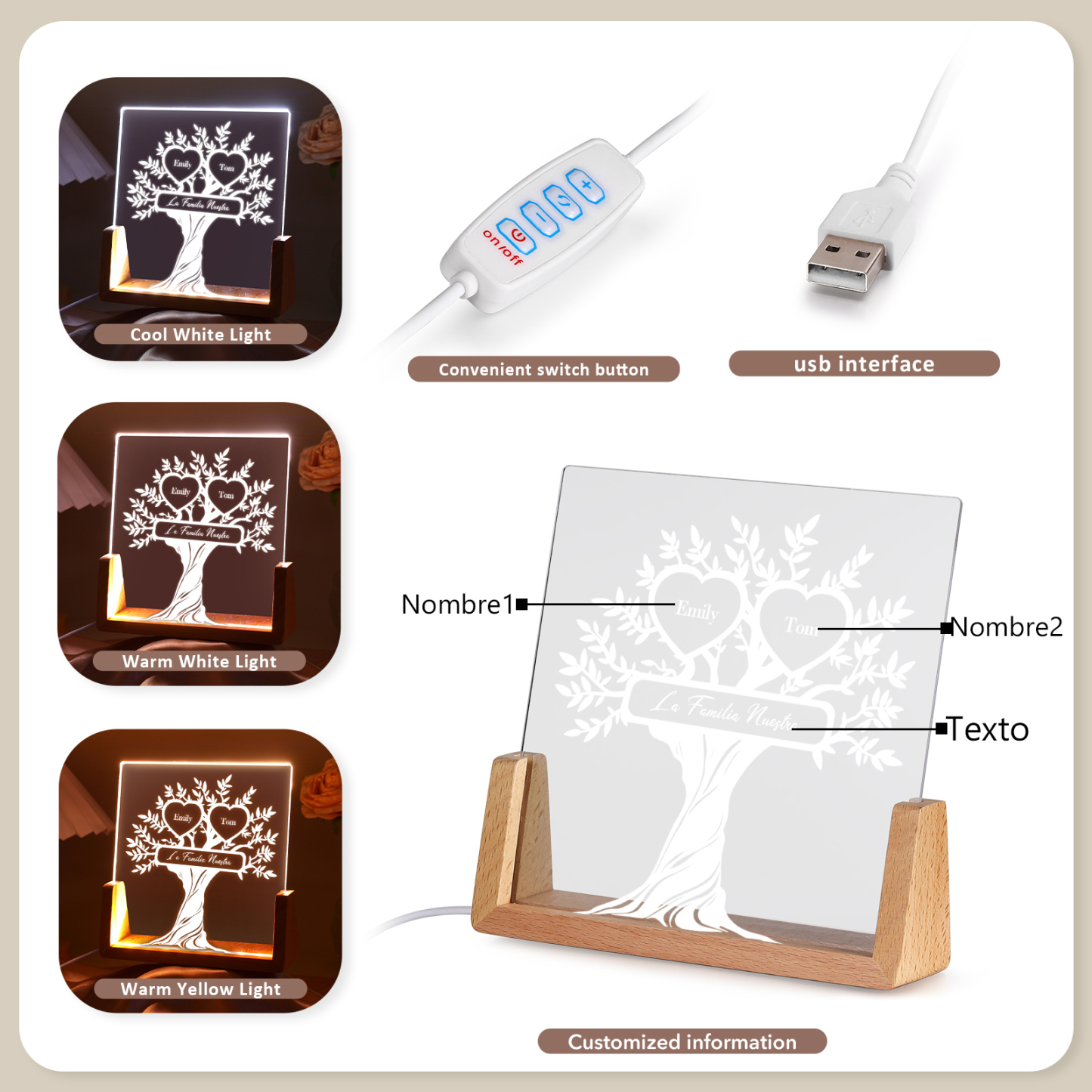 A mi mamá/abuela-Lámpara Personalizada con 2-8 Nombres y Texto "árbol de la vida" 3D Ilusión Luz de Noche-Jessemade ES