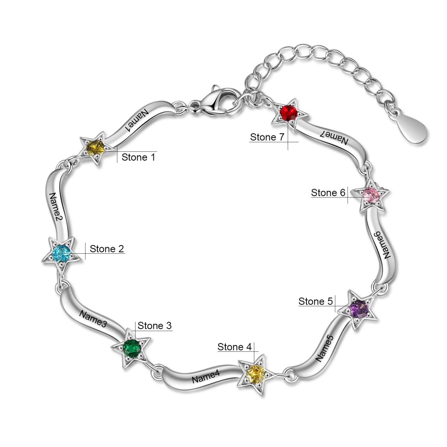 Pulsera Brazalete personalizada de 7 nombres y estrellas con 7 piedras de nacimiento-Jessemade ES