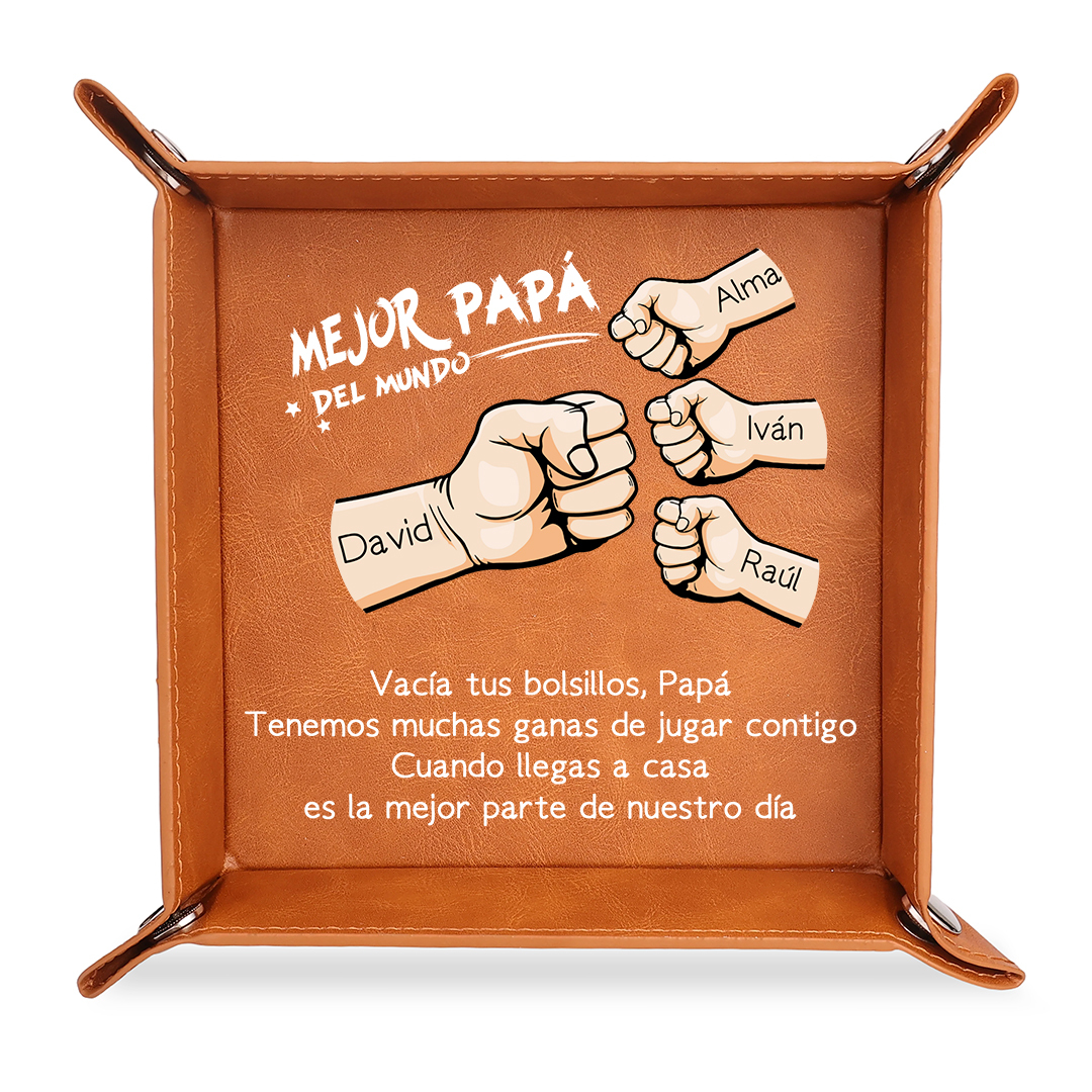 Bandeja vaciabolsillos de cuero personalizada para papá con 1 a 6 nombres y motivo de puño