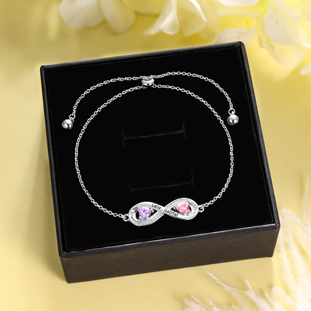 Pulsera para mujer de "infinito" con 2 nombres personalizados y 2 piedras de nacimiento | Jessemade