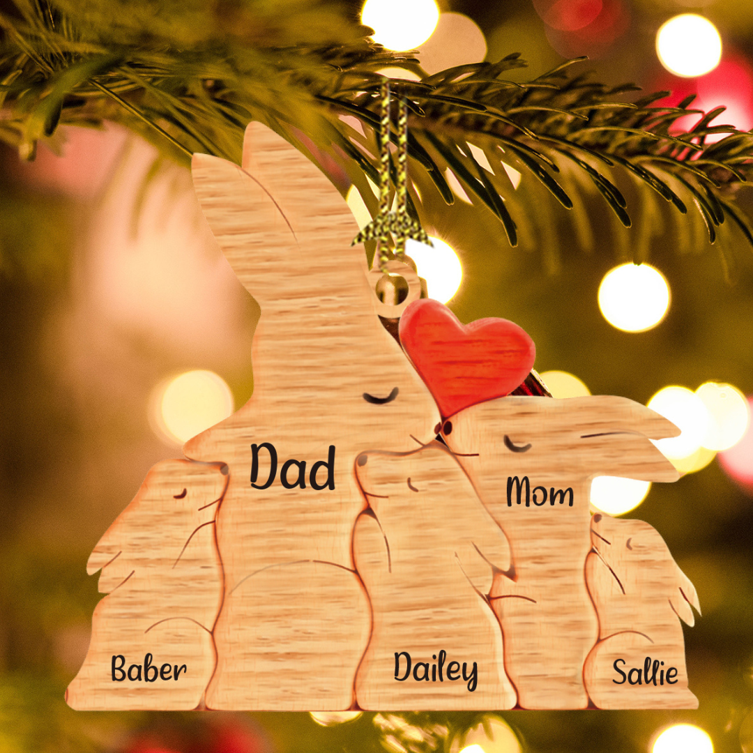 Navidad-Ornamento muñecos navideño de madera familia de conejos 5 nombres personalizados adorno del árbol-Jessemade ES