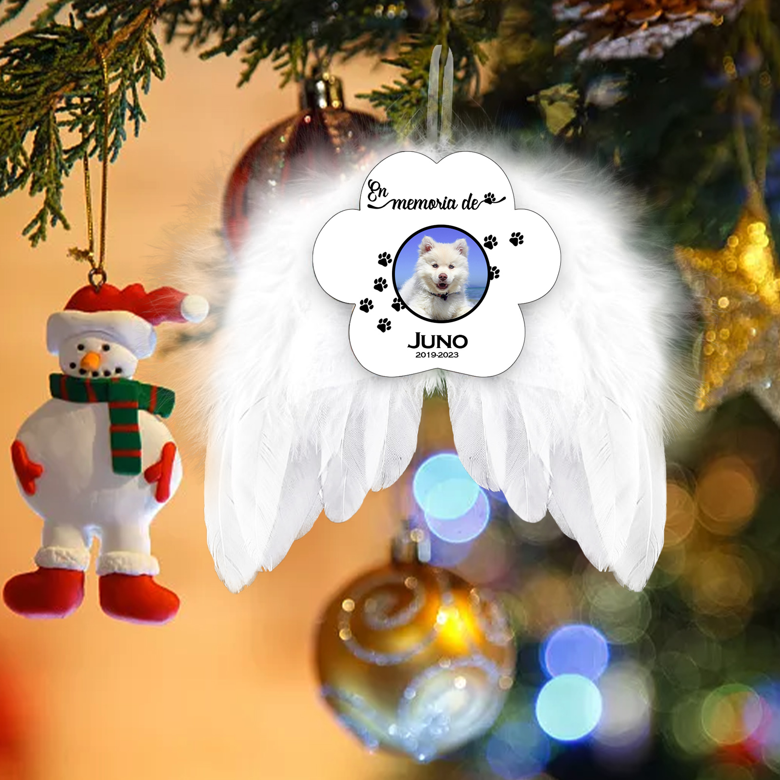 Navidad-Ornamento navideño alas de ángel en memoria de perros con 1 foto, 1 nombre y años personalizados-Jessemade ES