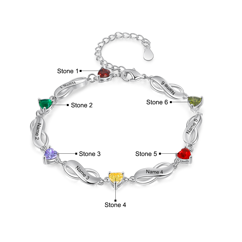 Pulsera "infinito" personalizada con 6 nombres y 6 piedras de nacimiento de corazón-Jessemade ES