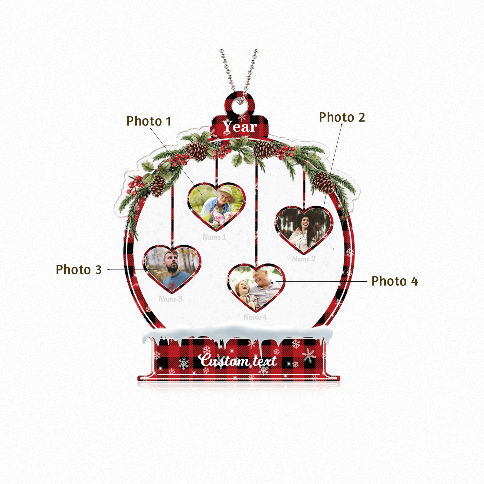 Navidad-Ornamento navideño de acrílico bola de cristal con 4 nombres, 4 fotos y 1 texto personalizados-Jessemade ES