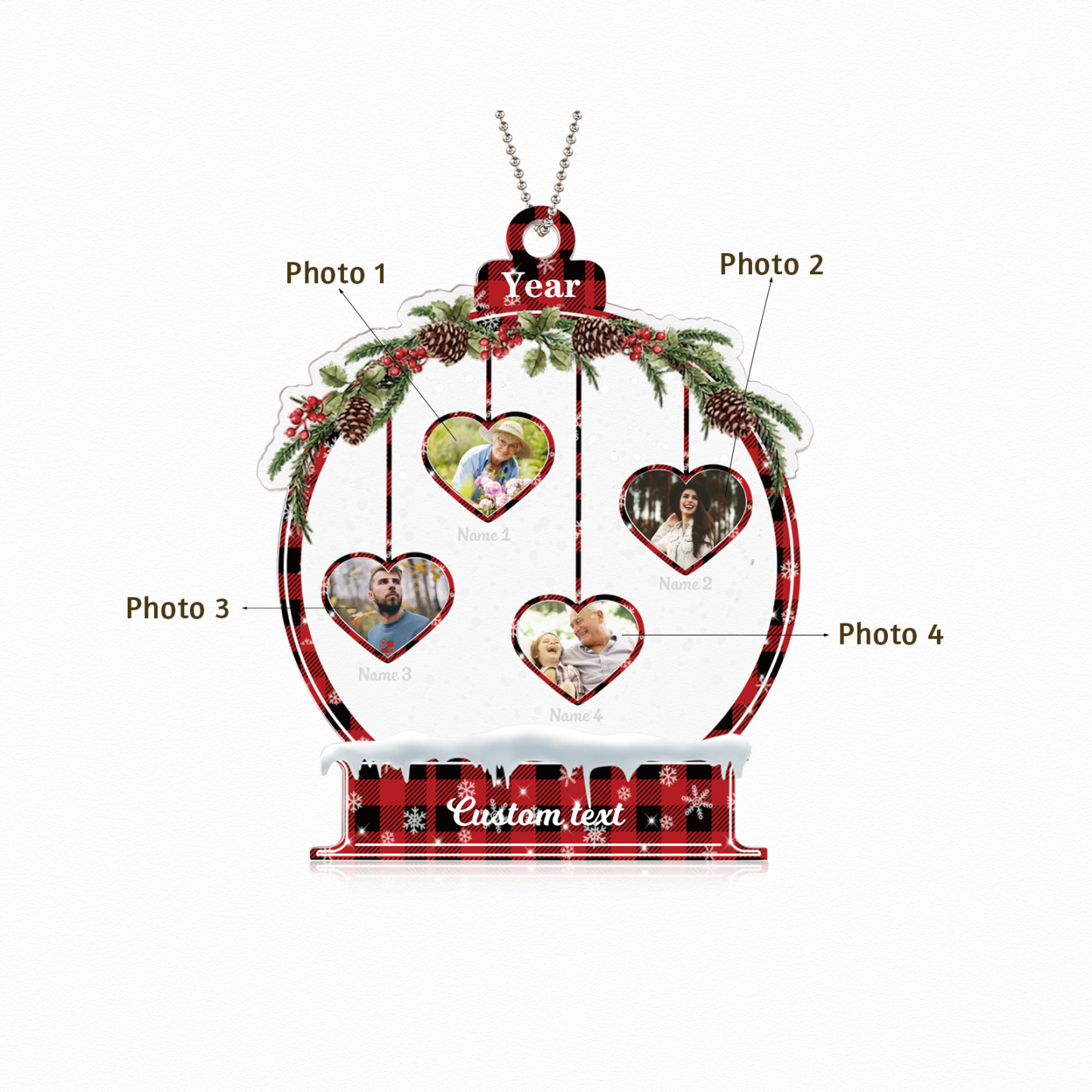 Navidad-Ornamento navideño de acrílico bola de cristal con 4 nombres, 4 fotos y 1 texto personalizados-Jessemade ES