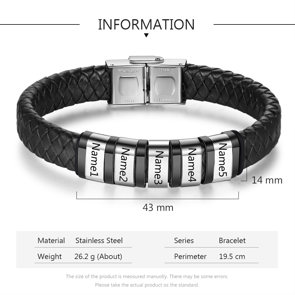 A mi querido-Pulsera de cuero trenzado de hombre con 5 perlas personalizadas con 5 nombres-Jessemade ES