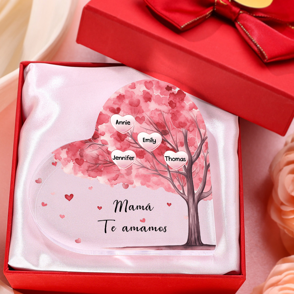 A mi mamá/abuela-Placa de acrílico "Árbol" en forma de corazón 4 nombres y 1 texto personalizados-Jessemade ES
