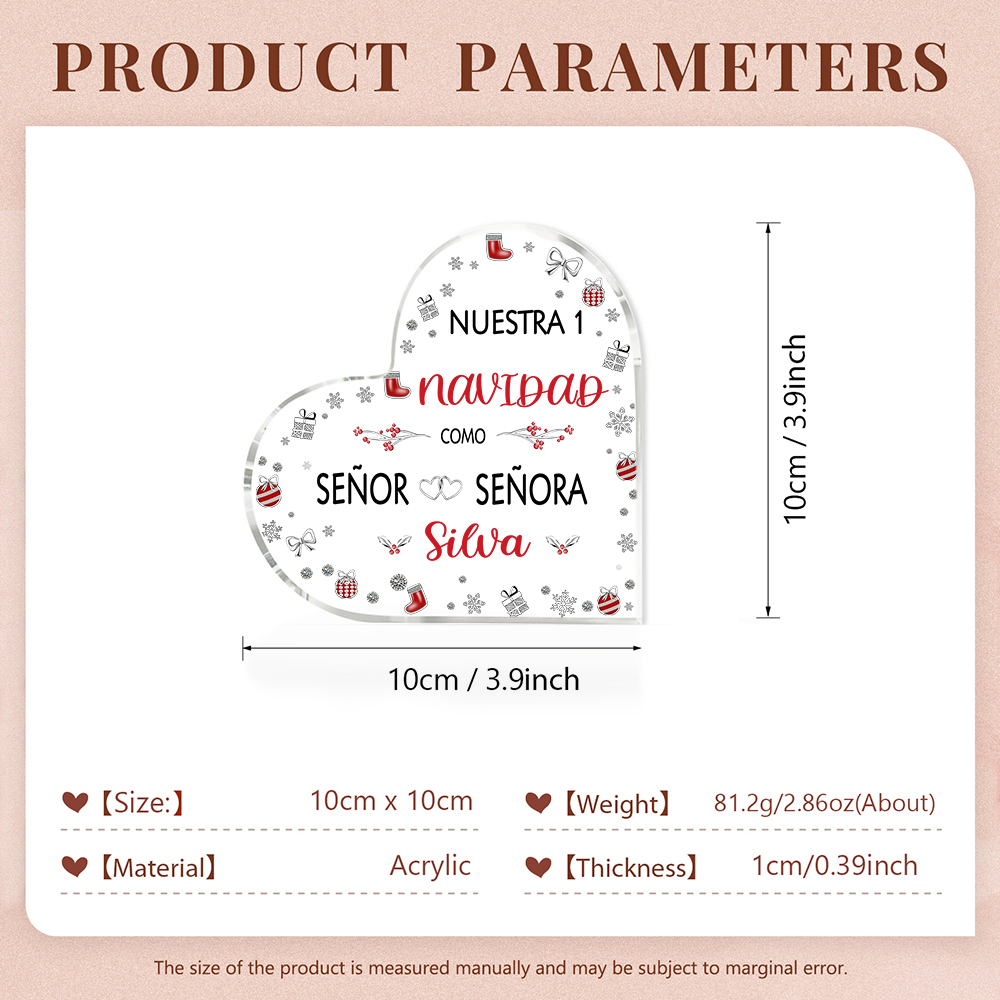 Navidad-Placa de acrílico en forma de corazón aniversario de navidad con número y apellido personalizados-Jessemade ES