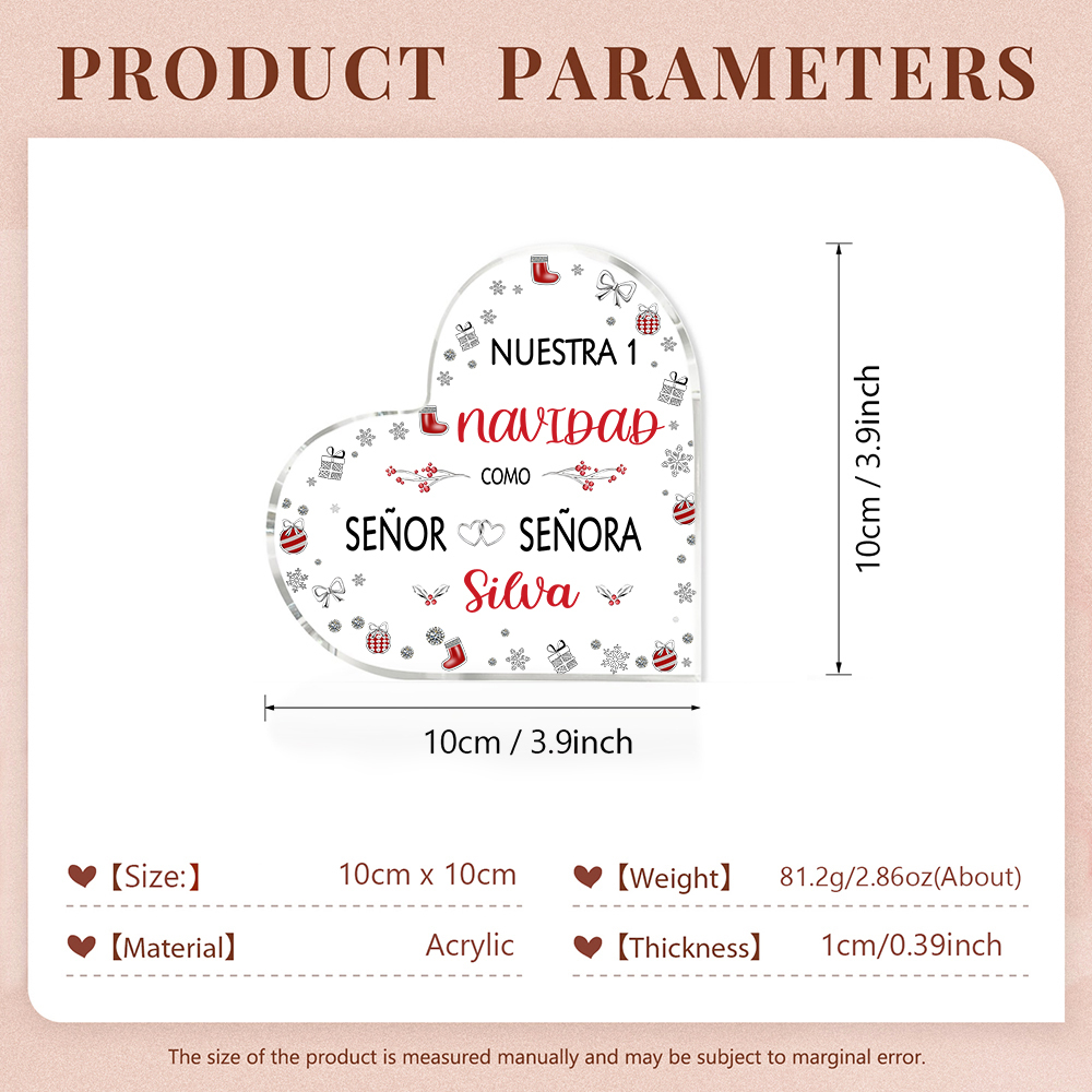 Navidad-Placa de acrílico en forma de corazón aniversario de navidad con número y apellido personalizados-Jessemade ES