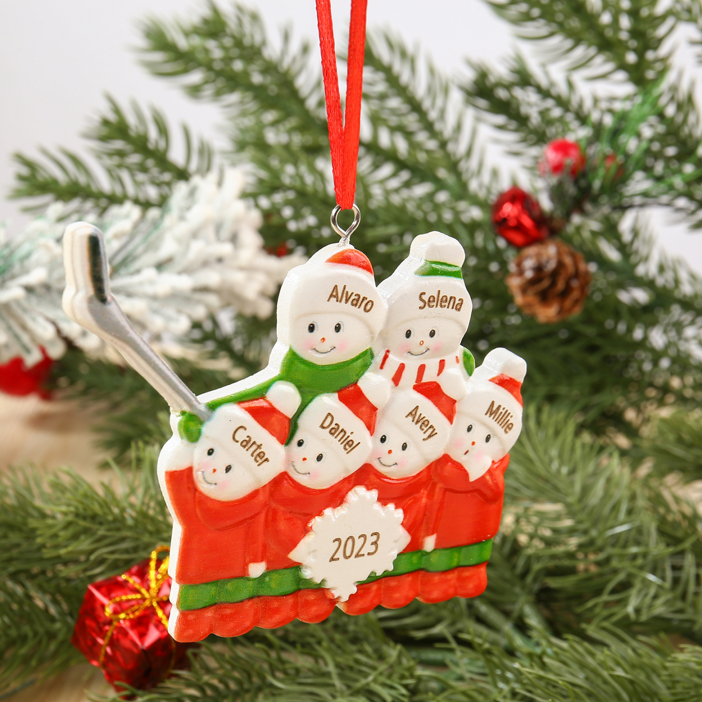 Navidad-Ornamento muñecos navideño de resina Esquiar año y 6 nombres personalizados adorno del árbol