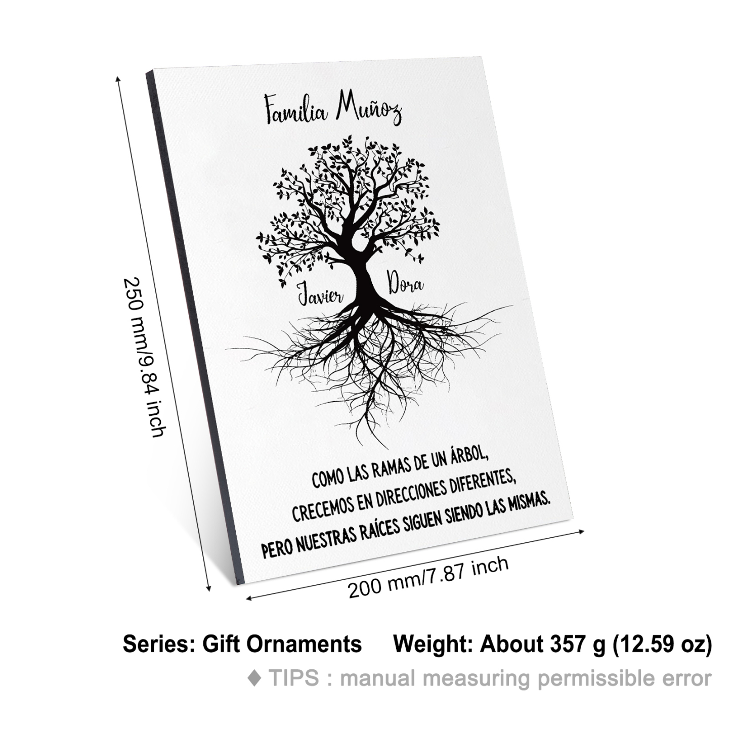 A mi familia-Lámina marco de madera Árbol de la Vida 1 texto y 2 nombres personalizados-Jessemade ES