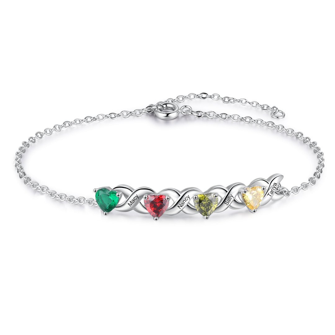 Pulsera infinito personalizada con 4 nombres y 4 piedras de nacimiento de corazón-Jessemade ES