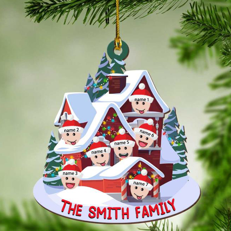 Navidad-Ornamento con muñecos casa acogedora de madera con 7 nombres y apellido personalizados adorno de árbol