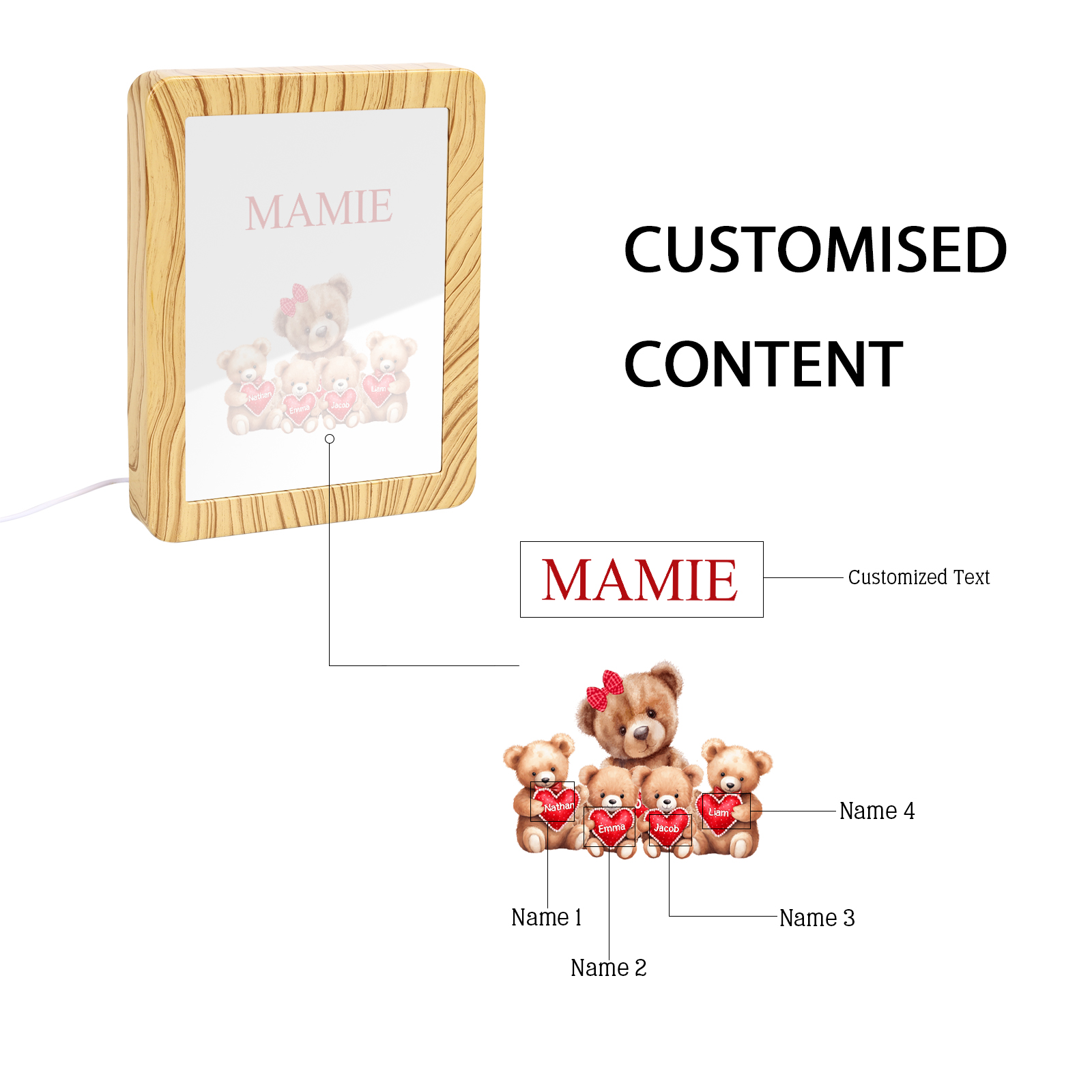 Marco/Espejo con LED Multifuncional Familia de Osos 1-4 Nombres Personalizados con 1 Texto-Jessemade ES