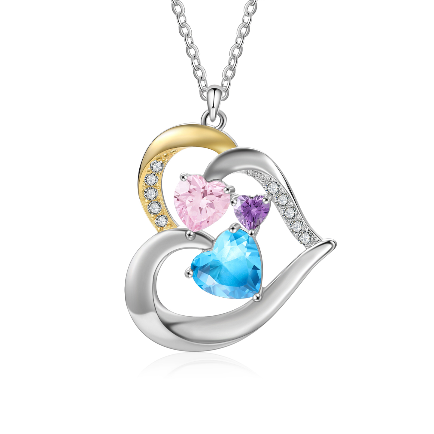 Collar corazón con 3 nombres, 1 texto y 3 piedras de nacimiento personalizados-Jessemade ES